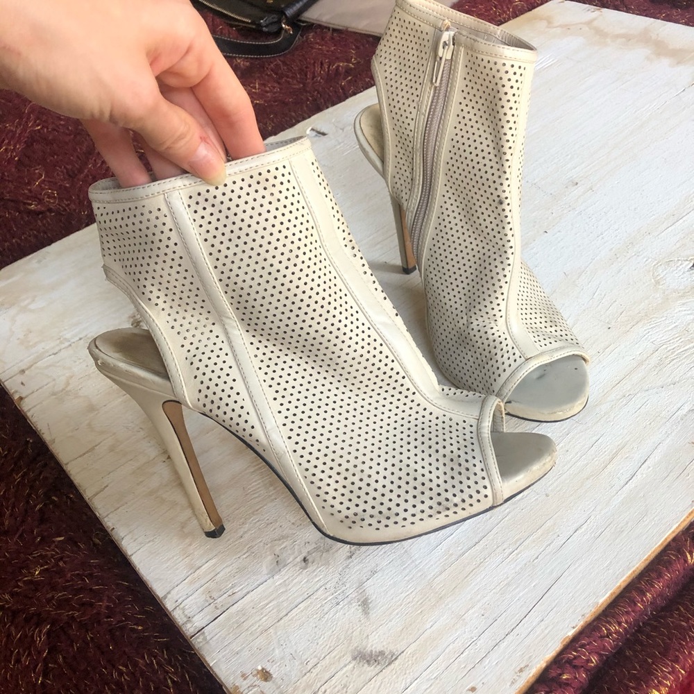 White leather open toe heel booties